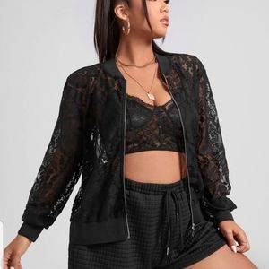 SHEIN Plus Zip Up Floral Lace Bomber Jacket Size 1XL